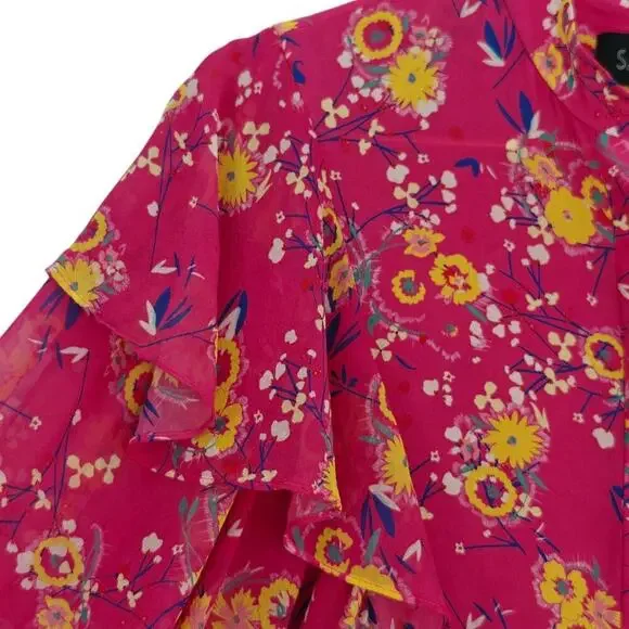 Saloni Chloe Silk Floral Blouse Top Size 4 Pink Button Front Ruffles Feminine - Picture 3 of 14